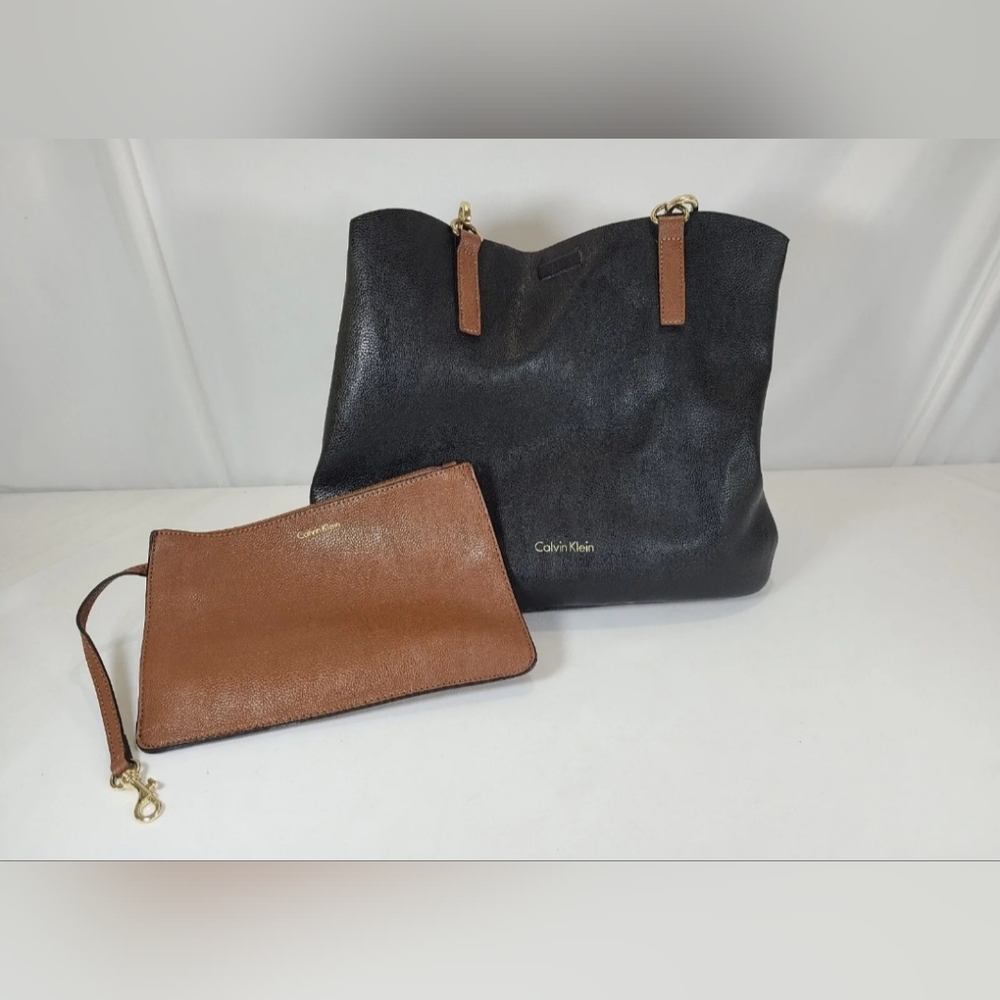 Calvin Klein Leather Top Handle Purse Black and Brown with Matching Wallet